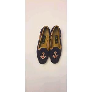 ZALO Blue Red Anchor Wool Like Upper Flats Brown Leather Trim, Size 6